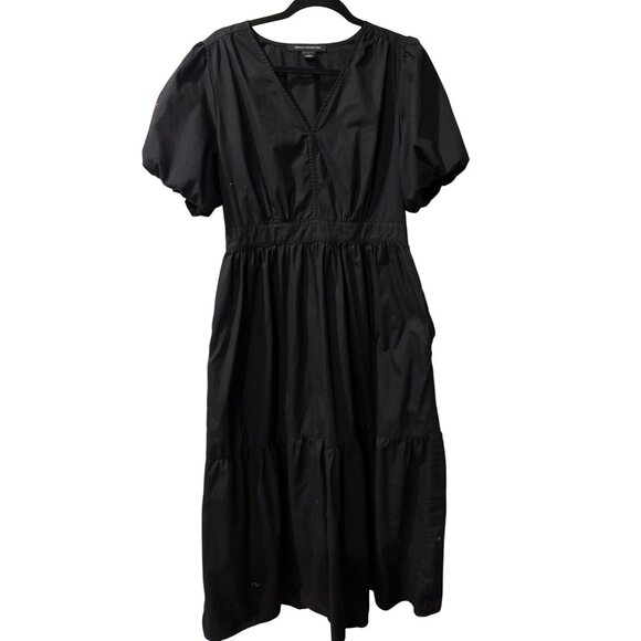 French Connection Black Puff Sleeve Midi Dress With V-Neckline & Tiered Skirt Wo - Picture 3 of 14